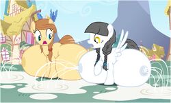 big_breasts bodily_fluids breast_milking breasts caring_hearts_(mlp) cream_heart_(mlp) earth_pony equestria equid equine female feral flashequestria friendship_is_magic horse huge_breasts hyper hyper_breasts lactating mammal milk my_little_pony outside pegasus pony puddle surprise town wide_eyed wings