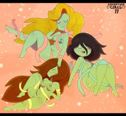 2019 absurd_res adventure_girls adventure_time black_hair blonde_hair breasts brown_hair cartoon_network confetti digital_media_(artwork) feet female fruit_witch fruit_witch_1 fruit_witch_2 fruit_witch_3 green_body green_skin group hair heart hi_res humanoid long_hair nipples open_mouth presenting pussy ribbon ribbon_bondage shortstack simple_background smile somescrub thick_thighs toes wrappings young