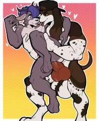 anal anal_sex animal_genitalia anthro antlers arm_around_neck arm_around_partner arm_around_shoulders backwards_hat ball_tuft balls big_balls big_penis body_hair canid canine canis clothing deer deoggie_(dastardlydogge) domestic_dog duo eye_contact femboy fur genitals golden_fox hair hat headgear headwear heart_symbol hearts_around_head hi_res holding_chest holding_leg holding_partner horn hunting_dog kissing_while_penetrating knot knotted_penis lifting_partner looking_at_another looking_at_partner male male/male male_penetrated male_penetrating male_penetrating_male mammal markings multicolored_body multicolored_fur muscular pattern_background penetration penile penile_penetration penis penis_in_ass pounding_ass raised_leg scent_hound sex simple_background smirking_at_partner smug_expression spots spotted_body spotted_fur tongue tongue_out tuft two_tone_body two_tone_fur