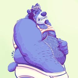 1:1 2016 anthro arm_hair bear belly belly_hair big_belly blue_body blue_fur blue_nose blue_tail body_hair boxer_briefs chest_hair chocolateandmilk closed_eyes clothed clothing dated eyewear eyewear_on_head fur glasses glasses_on_head grin hand_in_underwear hi_res male male_anthro mammal navel overweight overweight_anthro overweight_male short_tail side_view signature simple_background smile solo tail topless underwear white_boxer_briefs white_clothing white_underwear