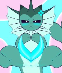 2_penises angry animal_genitalia animal_penis anthro anus blue_penis cetacean_genitalia cetacean_penis colored digital_media_(artwork) diphallism eeveelution fan_character feral fin first_person_view front_view generation_1_pokemon genital_slit genitals grumpy hand_on_chest hemipenes hi_res hikiwi kelp_(hikiwi) long_penis looking_at_viewer lying male mane multi_genitalia multi_penis multicolored_body nintendo nude on_back penis pokemon pokemon_(species) presenting simple_background solo spread_legs spreading tail tapering_penis vaporeon