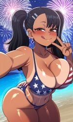 4th_of_july abs absurd_res ai_generated asian_female ass_cleavage bangs beach beach_background big_breasts bikini blush blushing brown_eyes bubble_butt cute dark-skinned_female fireworks flag_bikini flag_print hairclip hayase_nagatoro highres huge_breasts large_breasts looking_at_viewer navel ocean peace_sign pigtails please_don't_bully_me,_nagatoro selfie shiny_skin shortstack smirk tan_body tanlines tanned thick_ass thick_thighs tongue_out wink