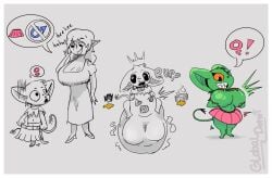 absorption_vore absurd_res areola areola_slip belly big_belly big_breasts big_ears border bottomwear breasts bullying burping casual_vore clothed clothing comic digestion digital_media_(artwork) duo elf english_text fantasy female female/female gender_transformation globaldonut34 goblin green_body hi_res huge_breasts humanoid humanoid_pointy_ears laugh nipple_outline open_mouth oral_vore pointy_ears rumbling_stomach sequence shortstack simple_background size_difference skirt smaller_pred sound_effects speech_bubble stomach_bulge tail text thick_thighs trait_theft trans_(lore) trans_woman_(lore) transformation transformation_sequence transphobia vore white_border wide_hips
