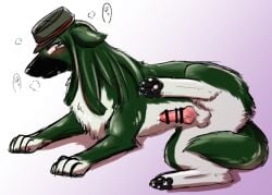 2023 animal_genitalia animal_penis balls belly black_mask black_pawpads blush blush_lines bodily_fluids breath brown_eyes canid canine canine_genitalia canine_penis canis censor_bar censored censored_genitalia censored_penis clothing danganronpa danganronpa_v3 domestic_dog feral fur genital_fluids genitals glistening glistening_pawpads gloves_(marking) gradient_background green_body green_fur green_hair hair hat headgear headwear japanese_text knot knotted_penis korekiyo_shinguji male mammal markings mask pawpads penis pink_penis precum raised_leg ruppomatsu_4 shaded simple_background solo spike_chunsoft spread_legs spreading tears text wearing_mask white_belly white_paws