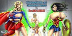 1boy 2girls alien alien_girl amazon areola areolae big_breasts black_hair blonde_hair blush bra breast_expansion breasts bust bustartist busty cape clothed clothing dc dc_comics demigod demigoddess diana_prince huge_breasts hyper_breasts kara_danvers kara_zor-el kryptonian large_breasts long_hair male nipples parody princess ripped_clothing shield skirt straight supergirl superhero superheroine superman_(series) supervillain surprised sword title villain voluptuous watermark wonder_woman wonder_woman_(series)