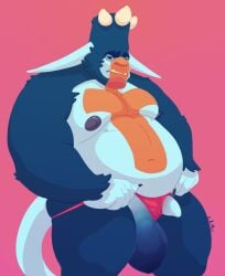 2018 balls belly big_balls big_belly blue_body blue_fur blue_sclera bottomwear chocolateandmilk clothed clothing dated flaccid foreskin fur genitals hi_res humanoid humanoid_genitalia humanoid_penis humanoid_pointy_ears male markings navel nipples no_pupils obese obese_humanoid obese_male overweight overweight_humanoid overweight_male penis pink_background pink_bottomwear pink_clothing pointy_ears red_markings signature simple_background solo standing topless yellow_eyes