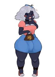 anonymous_artist anthro blouse blush blush_lines bottomwear bulge clothing detailed_bulge drag_(fashion) drag_queen footwear genital_outline gynomorph heart_symbol hi_res high_heels intersex lagomorph leporid lipstick makeup mammal penis_outline purse rabbit sammy_(triixs) shoes simple_background skirt skirt_bulge solo thick_thighs topwear white_background wide_hips