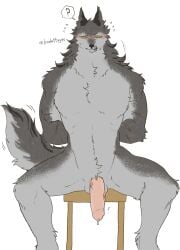 absurd_res anthro arm_scar artist_name athletic athletic_anthro balls blush bodily_fluids canid canine canis chair confusion empty_eyes exclamation_point fluffy fluffy_tail front_view fur furniture gay gay_male genital_fluids genitals grey_body grey_fur hands_behind_back hi_res homosexual homosexual_male humanoid_genitalia humanoid_penis kemono lovebuffpg45 male male/male male_only male_penetrating mammal mouth_scar multicolored_body muscular muscular_male nude on_chair penis pink_penis precum restrained scar simple_background sitting sitting_on_chair solo spread_legs spreading sweat_emanata tail text two_tone_body white_background wolf x_scar yellow_eyes