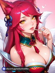 ahri ai_assisted ai_generated animal_ears bangs bare_shoulders bell blue_ribbon blush breasts cleavage collarbone eyebrows_visible_through_hair facepaint facial_mark female fox_ears fox_girl fox_tail gradient gradient_background hair_bell hair_ornament hair_ribbon heart jingle_bell large_breasts lips long_hair looking_at_viewer low_neckline mole_on_breast multiple_tails nail_polish off_shoulder pink_background pink_hair pink_nails red_hair ribbon slit_pupils smile solo tail upper_body vastaya whisker_markings yellow_eyes