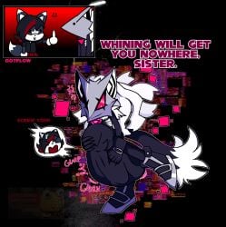 annoyed anthro belly belly_rub big_belly canid canine canis cross-popping_vein cube_(object) dialogue dotflow duo english_text fan_character female ferry_the_silver_fox_(oc) fluffy fluffy_tail fox glitch_effect implied_incest infinite_(sonic) jackal male male/female mammal mask onomatopoeia phantom_ruby sega shaded sonic_(series) sonic_forces sonic_the_hedgehog_(series) sound_effects sunky.mpeg tail text vore