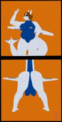 absurd_res aeromorph aircraft airplane animate_inanimate anthro anus arms_on_legs ass back_wings belly bent_over big_butt eyebrowless female fetalfinger genitals gesture glistening glistening_body glistening_skin hand_gesture hand_on_hip hi_res inverted_nipples living_aircraft living_machine living_vehicle machine nipples no_source orange_background rear_view signature simple_background slightly_chubby slightly_chubby_anthro slightly_chubby_female solo tail thick_tail v_sign vehicle vulva wings