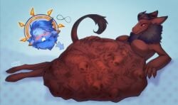 absurd_res anthro astral_(jeddy) blue_body blue_fur blush bone bones_in_stomach digestion dizzy_eyes duo fatal_vore female fur halo harlow_(aircooledrats) hi_res larger_pred lemonflr male male/female multiple_prey rain_world red_body red_fur reformation size_difference skeleton skull slugcat splynter videocult vore yellow_body yellow_fur