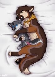 4_toes absurd_res animal_genitalia animal_penis bared_teeth bed_sheet bedding bite blue_eyes bodily_fluids brown_body brown_fur button_(fastener) button_eyes canid canine canine_genitalia canine_penis canis cheek_tuft claws clenched_teeth closed_eyes coyote cross_pupils cum cumshot digital_drawing_(artwork) digital_media_(artwork) duo ear_bite ear_tuft ejaculation erection facial_tuft feet feral fluffy fluffy_tail fur fur_markings genital_fluids genitals grey_body hi_res kerchief lying male mammal markings masturbation miuyki multicolored_body multicolored_fur on_side pawpads penetration penile penile_masturbation penis plushie plushophilia shaded soft_toy solo stitch_(sewing) tail teeth toes toy tuft wolf