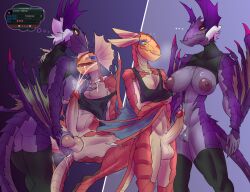 anal anal_fingering anthro avian balls big_breasts big_penis bird_wyvern bodily_fluids bottomless breasts capcom chorsinnell39 clothed clothing cum cumshot dominant dominant_female duo ejaculation erection female female_fingering_male fingering genital_fluids genitals glans hi_res humanoid_genitalia humanoid_penis larger_female legwear legwear_only male male/female monster_hunter mostly_nude orange_body orange_scales penis purple_body purple_scales scales scalie shirt shirt_only size_difference slim_female slim_male smaller_male standing stockings stockings_only tank_top tank_top_only topwear topwear_only vulva yellow_eyes yian_garuga yian_kut-ku