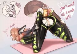 2026 4_toes 5_fingers absurd_res ankle_grab anthro anus ass ass_up bent_legs biped breast_rest breasts canid canine claws clothed clothed_anthro clothed_female clothing cocoline_(artist) dialogue digital_drawing_(artwork) digital_media_(artwork) ear_piercing english_text feet female finger_claws fingers fox fur genitals hair hands_behind_back hi_res inner_ear_fluff leg_grab lin_(cocoline) lying mammal on_front piercing rear_view simple_background solo speech_bubble tail text three-quarter_view toe_claws toes tuft vulva w-stretch_pose yoga_pose_meme_2026