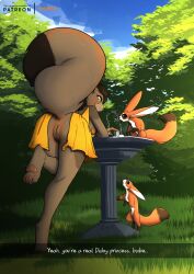 2026 accident accidental_exposure anthro anus bent_over big_tail black_body black_fur black_hair breasts brown_body brown_fur clothing dress drinking_fountain english_text female feral feretta fur furry genitals grass green_eyes hadanin hair hi_res leaning leaning_forward linda_buskhale mammal nipples orange_body orange_fur outside park pawpads plant raised_tail rear_view rodent sciurid side_boob sky squirrel tail text tree tree_squirrel vulva wardrobe_malfunction white_body white_fur