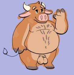 anthro balls belly bovid bovine brown_body brown_fur cattle flaccid fogelsnach fur hi_res humanoid_penis male male_only mammal moobs navel nipples overweight overweight_male penis solo