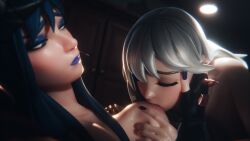 16:9 3d aerolae bedroom black_fingernails blender blonde_hair blue_eyes blue_eyeshadow blue_fingernails blue_hair blue_lipstick blush breasts cyvfhs female female_focus female_only fortnite functionally_nude_female gloves grabbing grabbing_another's_breast grabbing_breasts hat headphones holding_head hope_(fortnite) lesbian_sex lexa_(fortnite) long_hair makeup medium_breasts naked naked_female nipples nude nude_female princess_lexa_(fortnite) sideboob spiked_gloves sucking sucking_nipples sweat sweaty sweaty_body topless twitter_link twitter_username watermark yuri