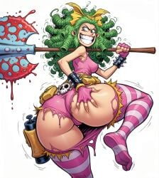 ai_generated ass_grab axe big_ass gertrude_(i_hate_fairyland) grabbing_own_ass green_hair i_hate_fairyland