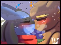 anthro black_body black_border black_fur blue_body blue_fur blush border brown_body brown_fur closed_eyes duo female fur generation_4_pokemon hi_res kissing lopunny lucario male male/female nintendo pokemon pokemon_(species) red_scarf scarf side_view woflgame yellow_body yellow_fur