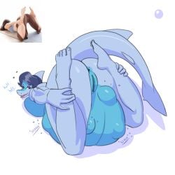 1:1 ankle_grab anthro anus aquatic ass bangs bedroom_eyes bent_legs biped blue_anus blue_vulva breast_rest breast_squish breasts clitoris dark_hair diana_(preggyshork) digital_media_(artwork) dorsal_fin eyeshadow feet female female_anthro fetal_movement fin fingers fish genitals half-closed_eyes hands_behind_back hi_res holding_leg humanoid_genitalia humanoid_vulva hyper hyper_pregnancy leg_grab looking_back lying makeup multicolored_body narrowed_eyes non-mammal_breasts non-mammal_vulva nude on_front open_mouth photo_reference preggyshork pregnant rear_view reference_image seductive shark simple_background solo sound_effects squish swept_bangs tail tail_fin three-quarter_view toes two_tone_body vulva w-stretch_pose yoga_pose_meme_2026