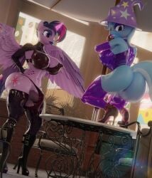 3d_(artwork) absurd_res alicorn animal_genitalia anthro armwear ass balls big_butt biped blue_body breasts clothing crouching dancing digital_media_(artwork) duo equid equine eyelashes feathered_wings feathers female footwear friendship_is_magic ftg_crossgender fti_crossgender furniture futanari futatwi genitals glistening glistening_armwear glistening_butt glistening_clothing glistening_legwear glistening_lips glistening_topwear gynomorph hands_on_hips hasbro hi_res high_heels horn intersex latex latex_clothing legwear lips mammal my_little_pony mythological_creature mythological_equine mythology navel nipple_outline panties pole pole_dancing pupils purple_body purple_eyes rule_63 sheath shoes table thigh_highs topwear trixie_(mlp) twilight_sparkle_(mlp) underwear vladichslg wings