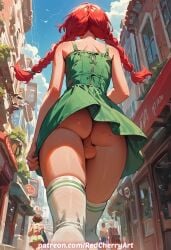 ai_generated androgynous ass ass_focus ass_freckles back_view backsack balls braid butt_focus butt_freckles caucasian city crossdressing dress femboy feminine_male freckles freckles_on_ass from_below no_panties otoko_no_ko red_hair redcherryart sissy skinny stockings testicles walking