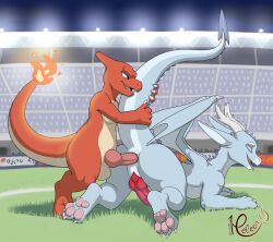 2_horns anal anal_sex animal_genitalia anu ass balls blue_eyes calor_(calor_lacerta) charmeleon closed_eyes digitigrade dragon duo erection fire flaming_tail from_behind_position generation_1_pokemon genital_slit genitals grey_body hi_res horn knot knotted_penis male male/male male_penetrated male_penetrating male_penetrating_male meleon multicolored_body mythological_creature mythological_scalie mythology nintendo non-canine_knot non-mammal_balls open_mouth pawpads paws penetration penile penile_penetration penis penis_in_ass pokemon pokemon_(species) public public_sex red_body scalie sex stadium tail tail_grab tan_body tapering_penis tongue tongue_out two_tone_body white_body white_dragon_(species) wings