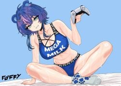 1girls absurdres ahoge animal_ears artist_name bear_ears bear_girl big_breasts black_choker blue_eyes blue_sports_bra breasts choker clothes_writing collarbone commentary controller curvy female fluffy_(fluffycataaa/fluffylotusart) fluffycataaa fujikura_uruka game_controller highres holding holding_controller holding_game_controller large_breasts multicolored_hair notched_ear paw_print phase_connect phase_origins pink_hair smile socks solo sports_bra streaked_hair sweat thighs virtual_youtuber vtuber white_socks