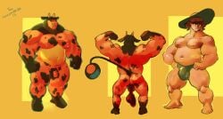 anthro backsack balls bovid claybull flexing generation_2_pokemon genitals human male male/male mammal miltank musclegut muscular muscular_male nintendo nipples pokemon pokemon_(species) saggy_balls