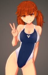 3d anna_anon anna_skyler anna_skyler_(anna_anon) arm_behind_back bare_shoulders blue_one-piece_swimsuit breasts brown_eyes brown_hair cleavage collarbone commentary competition_swimsuit cowboy_shot english_commentary female hand_up highres koikatsu_(medium) large_breasts looking_at_viewer one-piece_swimsuit original peace_sign simple_background smile solo swimsuit thighs twintails v