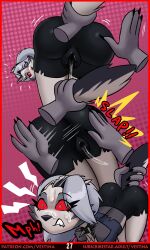 2026 absurd_res anthro ass bodily_fluids butt_slap canid canid_demon canine comic cum cum_on_face demon duo english_text female genital_fluids grabbed grey_body hellaverse hellhound helluva_boss hi_res loona_(helluva_boss) male male/female mammal mythological_canine mythological_creature mythology rear_view slap soaked tail tail_grab text through_clothing vestina vortex_(helluva_boss) wet white_body