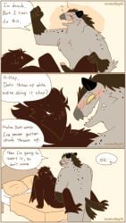9:16 anthro anthro_on_anthro arm_support artist_name avian bed bedding bedroom_sex black_border black_mane blanket blush bodily_fluids border bubble_emanata comic dialogue drunk duo ellipsis emanata english_text eye_contact fur furniture genitals grey_body grey_fur hi_res humanoid_genitalia humanoid_penis hyena imminent_sex jagged_mouth leg_grab looking_at_another lovebuffpg45 male male/male mammal mane markings multicolored_body multicolored_fur muscular muscular_male on_bed open_mouth open_smile penis pillow reassuring simple_background smile speech_bubble spots spotted_body spotted_fur spread_legs spreading substance_intoxication sweat tail tail_motion tailwag tan_background text three_frame_image worried_look