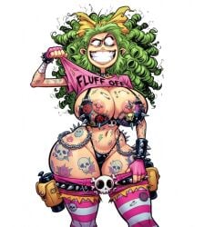 ai_generated big_breasts bubble_butt collar flashing gertrude_(i_hate_fairyland) green_hair i_hate_fairyland legwear lifted_by_self lifting_shirt nipple_cutout nipple_piercing nipple_slip showing_off simple_background smile spiked_collar striped_legwear tattoo thick_thighs thong white_background wide_hips
