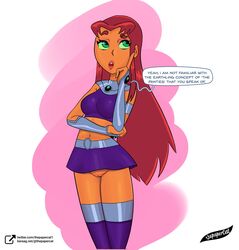 1girls boots bottomless busty cartoon_network dc female female_focus female_only green_eyes hourglass_figure koriand'r lipstick long_hair navel orange_skin pose posing pussy red_hair skirt solo speech_bubble starfire teen_titans thepapercat thick_thighs upskirt vagina wide_hips