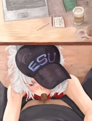 alternate_costume ami_han arms_behind_back arms_up blowjob blowjob_under_table clothed_female clothed_male coffee empire_state_university hires hugging korean_female laptop lecleaver looking_at_partner looking_at_viewer marvel marvel_rivals notepad pale-skinned_female red_eyes tagme white_fox_(marvel) white_fox_(marvel_rivals) white_fox_(yoon_ji-woo) white_hair