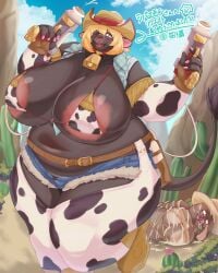 absurd_res animal_print animal_print_bikini anthro areola arms_tied big_breasts bikini blue_eyes bottomwear bound boundage bovid bovine breasts breasts_tied brown_clothing brown_hat brown_headwear cactus cattle clothing cloud cow_print cow_print_bikini cow_print_pants cow_print_sleeves cowbell cowboy_hat day denim denim_bottomwear denim_clothing denim_shorts dual_wielding female female_anthro flower furgonomic_hat furgonomic_headwear furgonomics gag gagged gun hat headgear headwear hi_res holding_gun holding_object holding_ranged_weapon holding_weapon hotpants huge_breasts mammal milk navel nude one_eye_closed open_mouth pattern_bikini pattern_clothing pattern_swimwear pink_areola pink_flower plant ranged_weapon sand sasanoha6011 shorts sky solo_focus standing swimwear tied_down two-piece_swimsuit weapon wink