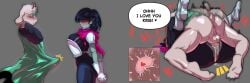 3:2 anthro anus armor ass balls blush bodily_fluids breasts clothing cum_in_pussy cum_inside deltarune duo edit edited erection erection_under_clothing eyewear female glasses gloves hands_behind_back hands_behind_neck handwear hi_res human impregnation kris_(deltarune) kris_female_(deltarune) kristhianquint4 looking_at_breasts male mammal mating_press obscured_eyes penetration penis pussy ralsei robe sex sweat sweatdrop third-party_edit undertale_(series)