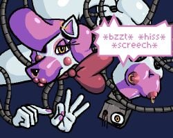 animatronic anthro ass bow_tie cable canid canine colored_nails ear_piercing ear_ring exposed_endoskeleton exposed_wires eyebrow_piercing eyeshadow facial_piercing female five_nights_at_freddy's five_nights_at_freddy's_2 fox gesture glistening glistening_body gold_(metal) gold_jewelry hair hair_over_eye hand_gesture jewelry lips lipstick looking_at_viewer low_res machine makeup mammal mangle_(fnaf) missing_eye monochrome multicolored_body nails nipple_piercing nipple_ring nipples nose_piercing nose_ring nude orange_eyes piercing pink_and_white pink_eyeshadow pink_hair pink_lipstick pink_nails plastic_body professionalnuthead ring_piercing robot rosy_cheeks scottgames simple_background solo speech_bubble static tail thick_lips two_tone_body