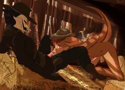 animal_genitalia anthro balls barn blue_eyes blush bodily_fluids boots bound clothing cowboy cowboy_hat crying cum cum_in_hair cum_on_face dominant dominant_male duo dust ears_down encouragement footwear forced foxpt genital_fluids genitals hair hands_behind_back hands_tied hat hat_only hay hay_bale headgear headgear_only headwear headwear_only hi_res inside kangaroo kneeling knot looking_at_another looking_up looking_up_at_another looking_up_at_partner lying macropod male male/male mammal marsupial mostly_nude on_back oral penis pivoted_ears raised_tail rape red_eyes romantic romantic_ambiance sex shoes skulldog_(species) spank_marks spurs submissive submissive_male tail tears