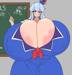 1girls areola_slip areolae big_breasts blue_hair blush breasts classroom female female_only huge_breasts hyper hyper_breasts inakotho keine's_expanding_class! keine_kamishirasawa looking_at_viewer nipple_bulge red_eyes teacher touhou wide_hips