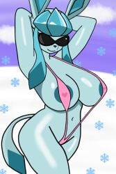 anthro anthrofied areola areola_slip big_breasts blue_areola breasts clothing digital_media_(artwork) eeveelution eyewear female female_anthro garwinpineda generation_4_pokemon glaceon hi_res huge_breasts ibispaint_(artwork) looking_at_viewer nintendo one-piece_swimsuit pink_sling_bikini pokemon pokemon_(species) pokemorph sling_bikini smile snow snowflake solo sunglasses swimwear winter