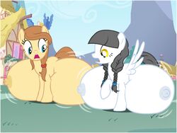 4:3 big_breasts breasts caring_hearts_(mlp) cream_heart_(mlp) earth_pony equestria equid equine female feral flashequestria friendship_is_magic horse huge_breasts hyper hyper_breasts mammal my_little_pony outside pegasus pony surprise town wide_eyed wings