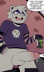 ahe_gao alley alley_sex anthro balls beverage beverage_can big_balls big_penis blush bodily_fluids bottomwear bottomwear_down brick_wall clothed clothing cum dripping dumpster ejaculation energy_drink english_text erection first_person_view fully_clothed genital_fluids genitals humanoid_genitalia humanoid_penis looking_at_viewer looking_pleasured male mammal outside_sex pants pants_down partially_clothed penis procyonid profanity raccoon saliva saliva_on_penis sex solo t0l0k text throbbing wall_(structure) zain_the_raccoon_(aarlog)