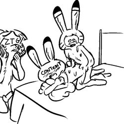 1:1 all_fours anthro bed black_and_white blush bodily_fluids canid canine cuckold dipstick_ears disney doggy_style ears_back ears_up english_text facial_markings female fox from_behind_position furniture group head_markings jack_savage judy_hopps kneeling knot lagomorph leporid male mammal markings monochrome multicolored_ears nick_wilde nude on_bed open_mouth penis pivoted_ears rabbit replytoanons sex simple_background sweat text white_background zootopia