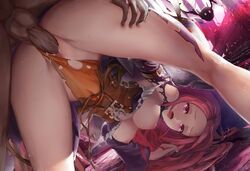 blush breasts cleo_(king's_raid) king's_raid long_hair nipples penis purple_eyes pussy red_hair sex shokut-zz torn_clothes uncensored