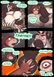 5_panel_comic anthro areola azathura ball_fondling balls big_muscles big_pecs big_penis black_areola black_balls black_nipples black_penis black_stripes bloodshot_eyes bodily_fluids bottomwear brown_body brown_hair closed_eyes clothed clothing comic cum_request dialogue dripping duo english_text equid equine erection excessive_genital_fluids excessive_precum eyewear fondling genital_fluids genitals glans glasses good_boy green_speech_bubble green_text hair half-moon_glasses hand_on_balls hi_res horse humanoid_genitalia humanoid_penis imminent_orgasm interspecies looking_at_genitalia looking_at_penis looking_pleasured lying male male/male mammal mane multiple_scenes muscular name_drop nipple_fetish nipple_pinch nipple_play nipples on_back onomatopoeia open_bottomwear open_clothing open_pants page_number pants pecs penis pinch precum precum_drip precum_on_balls profanity red_eyes sound_effects speech_bubble spread_legs spreading stripes sweat text thayne_(azathura) toothy_grin topless unnamed_character white_body zebra