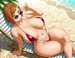 1girls ai_generated big_ass female_focus female_only floresai huge_breasts jujutsu_kaisen kugisaki_nobara looking_at_viewer narrow_waist naughty_face nobara_kugisaki patreon patreon_url patreon_username slingshot_swimsuit voluptuous wide_hips