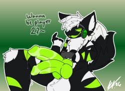 2_knots 2_penises anthro anus ass balls big_balls big_penis bing_(toaster_bing) bodily_fluids c4nd1-3 controller diphallism dripping game_controller genital_fluids genitals green_penis knot knotted_penis machine male multi_genitalia multi_penis pawpads paws penis precum precum_drip presenting presenting_anus presenting_balls presenting_hindquarters protogen solo vertical_diphallism