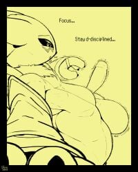 anthro aroused balls bandai_namco big_balls black_and_yellow black_border bodily_fluids border dialogue digimon digimon_(species) english_description english_text foreskin genital_fluids genitals hi_res high-angle_view humanoid_genitalia humanoid_penis leaking_precum male monochrome nonbinary_(lore) penis precum renamon silvia_nexus_(artist) simple_background solo standing swollen_balls talking_to_self text thick_thighs throbbing throbbing_balls throbbing_penis yellow_background